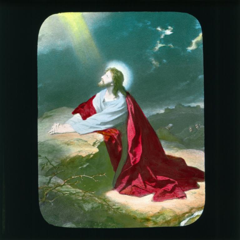 'Christ in red cape kneeling'
