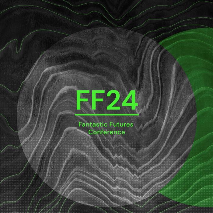 Graphic of a black and green wavy pattern with text Fantastic Futures 2024 Conference
