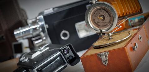 Vintage sound equipment  Close up of vintage cameras and sound equipment