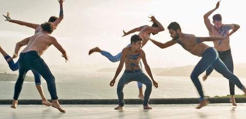 Film still from Spear Still from the film Spear showing a group of six young Aboriginal men performing a traditional dance.