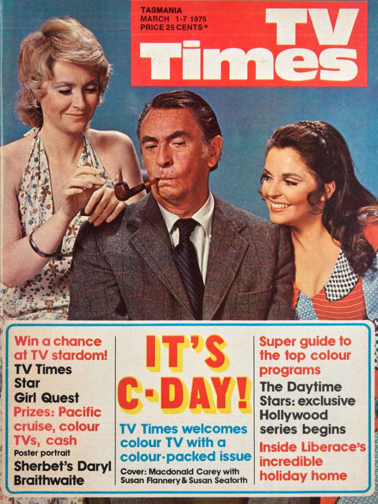 Cover of a magazine called TV Times from March 1975. It features a man in a suit with a pipe in his mouth seated between two smiling women. One of the women is lighting his pipe with a match. .