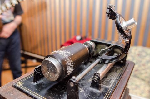 An Edison phonograph, used for making wax cylinder recordings.