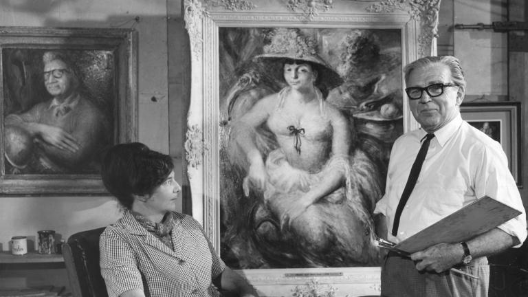 Painter William Dobell standing next to his portrait of Margaret Olley with a woman seated. Painter William Dobell standing next to his portrait of Margaret Olley with a woman seated.